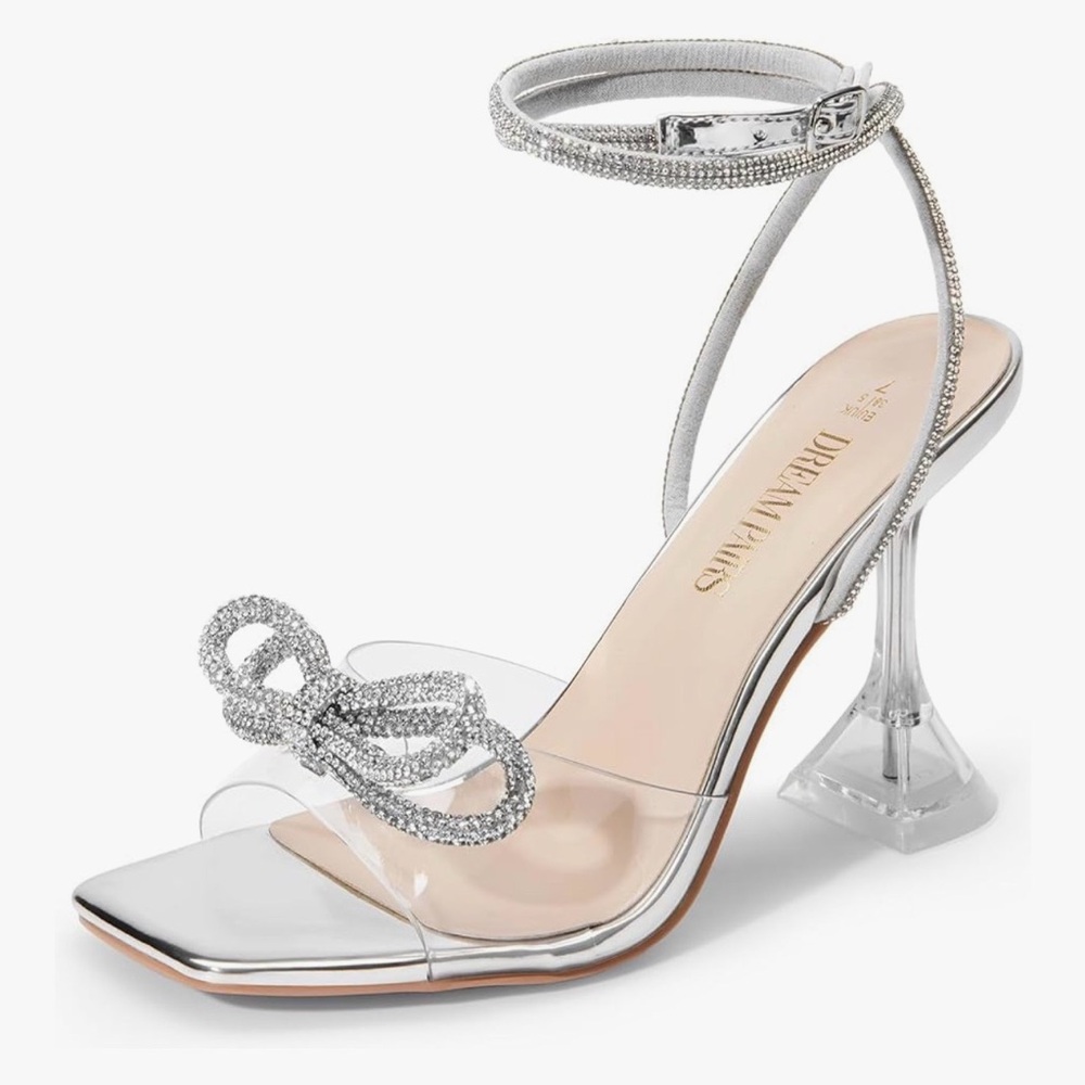 Dream Pairs Silver Crystal Bow Strappy Heels Wraps Around Ankle